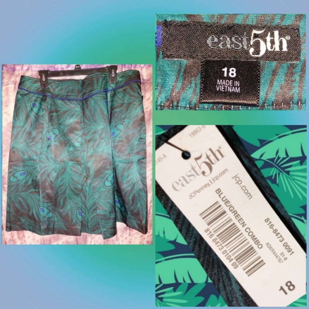 East 5th Blk/Grn/Blue Peacock Feathers Print Soft Satin Woven A-Line Skirt Sz 18